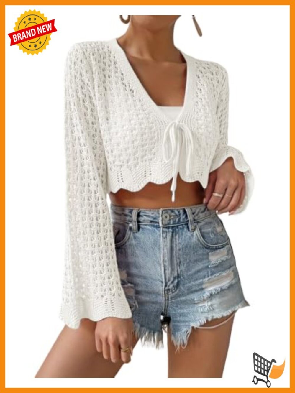 Crochet Tie Front Cropped Cardigan, Bell Long Sleeve Knit Shrug Beach Cover Up